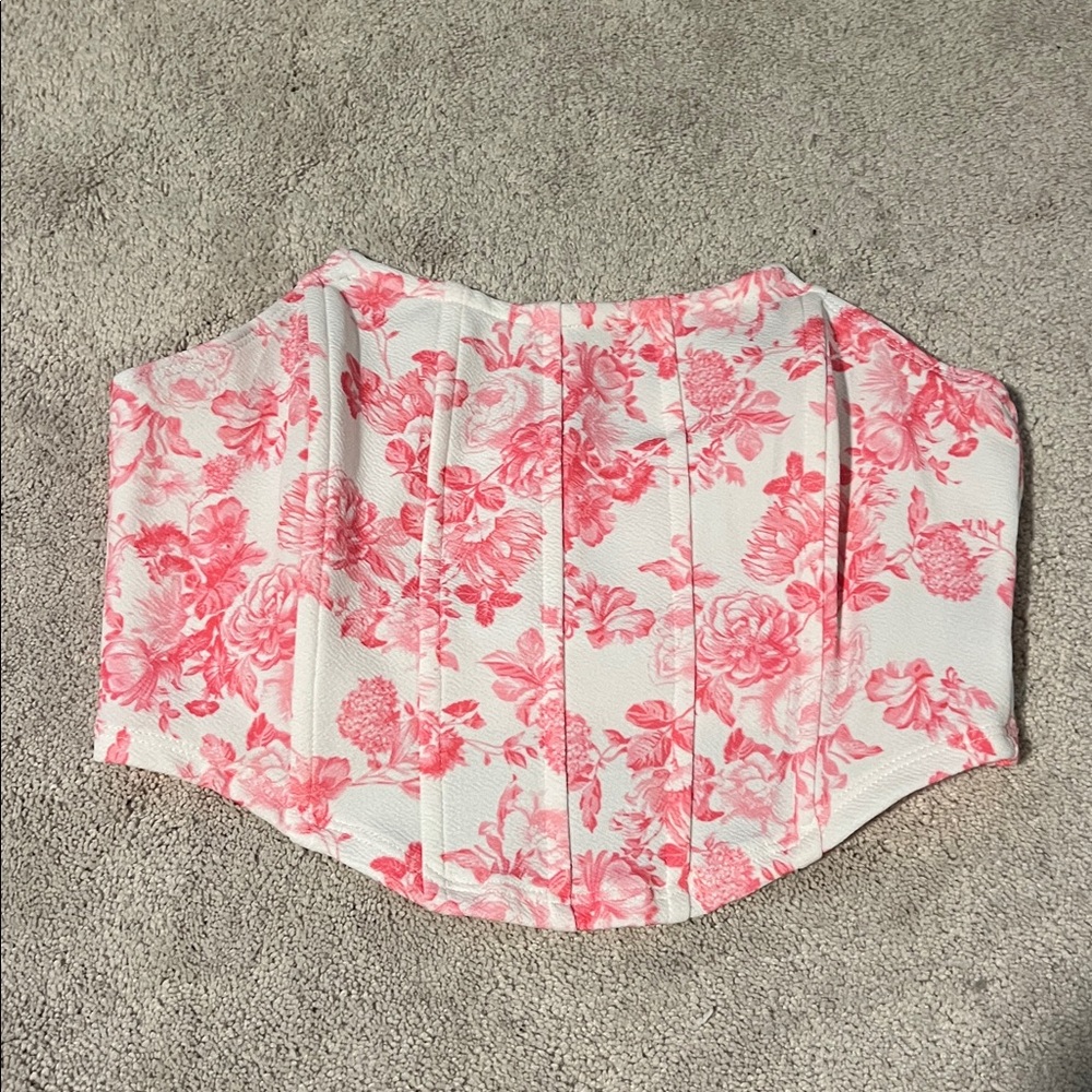 size large pink and white floral patterned strapless corset top